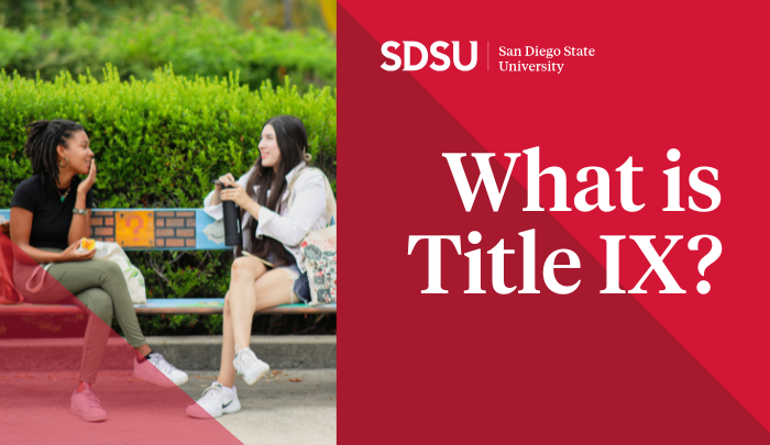 Split image of two students sitting on bench and white text over red background, reading What is Title IX?